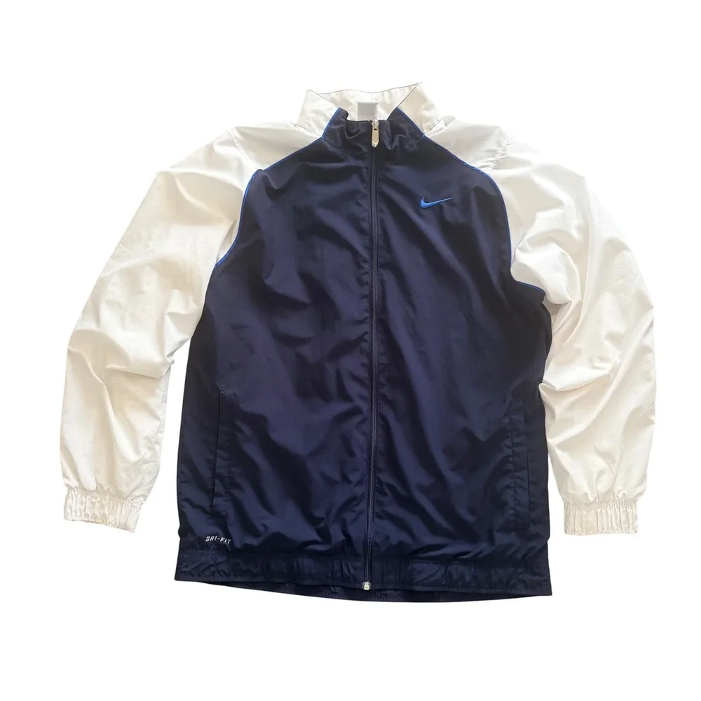 Nike Mens Dri-FIT Track Jacket Navy Blue White Full Zip Windbreaker Medium